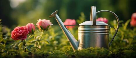 ai généré charmant arrosage pouvez dans une vibrant jardin. ai génératif. photo