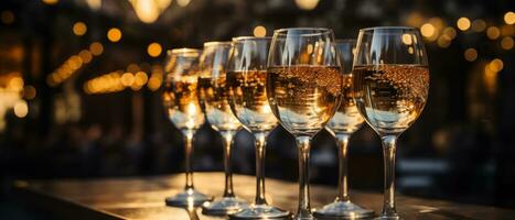 ai généré brillant et de bonne humeur fermer de Champagne des lunettes avec pétillant bulles, ensemble sur une table avec de fête décorations. photo