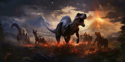 ai généré t-rex dans une préhistorique paysage, entouré par diverse dinosaures. ai génératif. photo