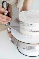 fermer de une femme décorer gâteau avec blanc Glaçage photo