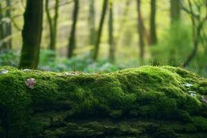 ai généré vieux trop développé moussu arbre tronc dans forêt, abstrait Naturel vert Contexte. magnifique paysage. printemps ou été saison. afficher pour produit. modèle pour conception. longue bannière. photo