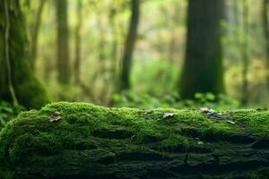 ai généré vieux trop développé moussu arbre tronc dans forêt, abstrait Naturel vert Contexte. magnifique paysage. printemps ou été saison. afficher pour produit. modèle pour conception. longue bannière. photo