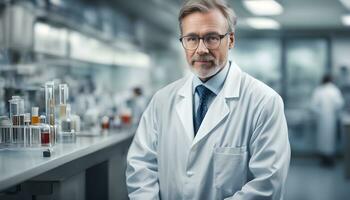 ai généré une homme dans une laboratoire manteau permanent dans de face de une laboratoire table photo