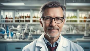 ai généré une homme dans une laboratoire manteau et des lunettes photo