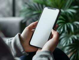 ai généré Jeune femme mains en portant téléphone intelligent maquette blanc Vide afficher, vide écran pour social médias app à Accueil photo