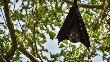 ai généré une chauve souris bloque à l'envers vers le bas de une arbre branche photo