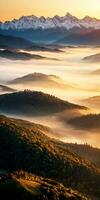 ai généré aérien vue de montagnes dans faible des nuages à lever du soleil dans l'automne. Haut drone vue de collines avec rouge et Orange des arbres dans brouillard, coloré ciel dans automne. Slovénie. la nature. Montagne vallée. photo