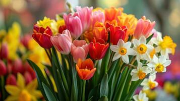 ai généré épanouissement tulipes, jonquilles, et Pâques fleurs de lys dans une vibrant printemps arrangement photo