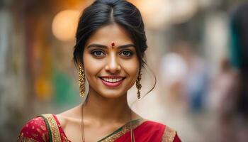 ai généré une magnifique Indien femme souriant dans une sari photo