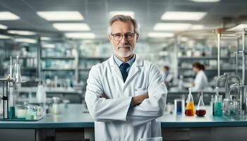 ai généré une homme dans une laboratoire manteau permanent dans de face de une laboratoire table photo