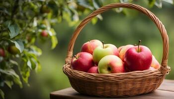 ai généré une panier plein de pommes sur une en bois table photo