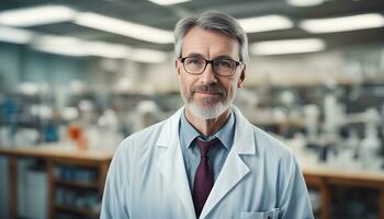 ai généré une homme dans une laboratoire manteau et attacher permanent dans de face de une laboratoire photo