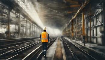 ai généré une homme dans un Orange gilet en marchant sur une train Piste photo