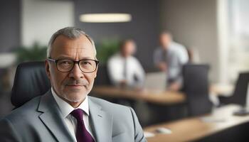 ai généré une homme dans une costume et attacher séance dans un Bureau photo