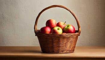 ai généré une panier rempli avec pommes sur une table photo