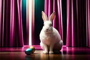 ai généré une blanc lapin est assis dans de face de une rideau avec deux des œufs photo