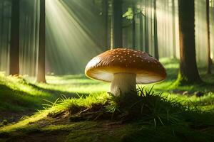 ai généré une champignon est permanent dans le milieu de une forêt photo