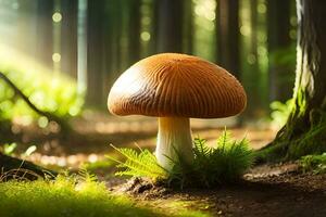 ai généré une champignon est permanent dans le milieu de une forêt photo