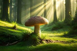 ai généré une champignon est permanent dans le milieu de une forêt photo