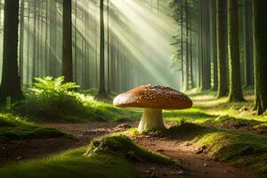 ai généré une champignon est permanent dans le milieu de une forêt photo