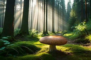 ai généré une champignon est séance dans le milieu de une forêt photo