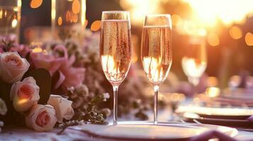 ai généré fête toasts dans une élégant paramètre, avec pétillant des lunettes et une toucher de charme photo