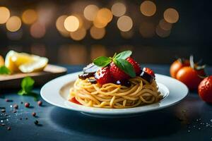 spaghetti avec tomate sauce et des fraises sur une plaque. généré par ai photo