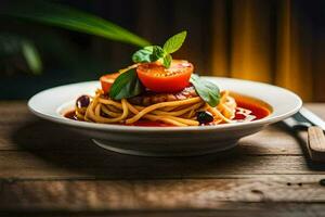 spaghetti avec tomate et basilic sur une en bois tableau. généré par ai photo