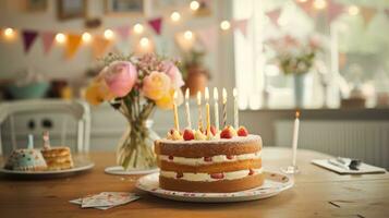 ai généré décoratif bruant, gâteau, et anniversaire vœux ensemble une chaud fête atmosphère photo