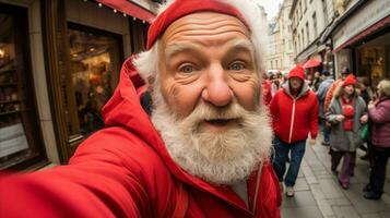 ai généré une homme dans une rouge manteau sourit et pose pour le caméra. photo