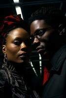 ai généré une homme et femme posant pour une photo, avec un africain Contexte. génératif ai photo
