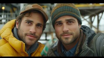 ai généré portrait de deux Jeune Hommes dans hiver équipement souriant ensemble en plein air photo