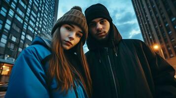 ai généré une Jeune couple dans hiver tenue permanent dans le ville, entouré par bâtiments et couvert de neige des rues. génératif ai photo