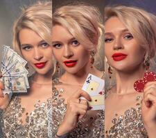 collage de blond Dame avec brillant se maquiller, dans brillant robe. elle souriant, montrant argent, deux as et rouge puces. poker, casino. fermer photo