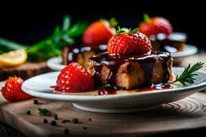 une assiette de des fraises et une tranche de gâteau avec sirop. généré par ai photo