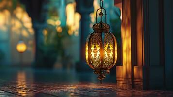 ai généré une traditionnel arabe lanterne allumé par bougie lumière est sur Feu dans de face de le Soleil photo