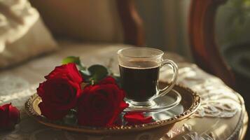 ai généré une verre café tasse est séance sur le plateau, avec certains rouge des roses sur il photo