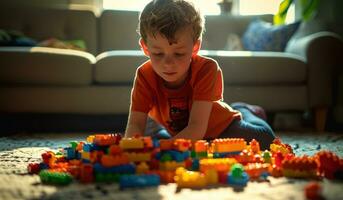 ai généré une garçon est en jouant avec lego blocs dans le sien salon photo