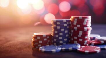 ai généré une empiler de poker frites dans de face de certains lumières dans une casino pièce photo