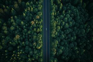 ai généré aérien vue de une route par un à feuilles persistantes forêt photo