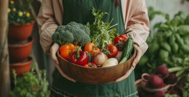 ai généré une femme a une en bois bol rempli en haut avec Frais des légumes photo