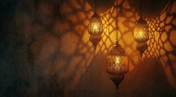 ai généré arabe les lampes pendaison sur mur Maroc fond d'écran photo