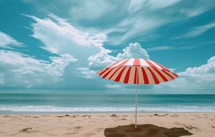 ai généré un Extérieur rouge et blanc rayé parapluie sur une plage photo