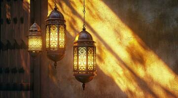 ai généré arabe les lampes pendaison sur mur Maroc fond d'écran photo