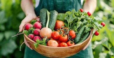 ai généré une femme a une en bois bol rempli en haut avec Frais des légumes photo