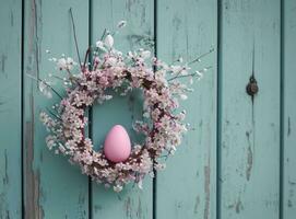 ai généré un Pâques Oeuf dans une blanc couronne suspendu, sur une en bois porte photo