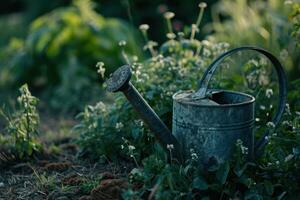 ai généré un vieux arrosage pouvez est assis dans le milieu de une jardin photo