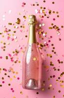 ai généré Champagne bouteille chute sur une rose Contexte photo