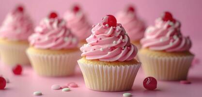 ai généré rose petits gâteaux sur le table sur rose Contexte photo