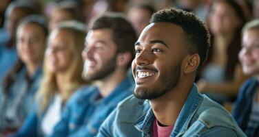 ai généré homme est assis tandis que souriant avec gens dans le de face rangée photo